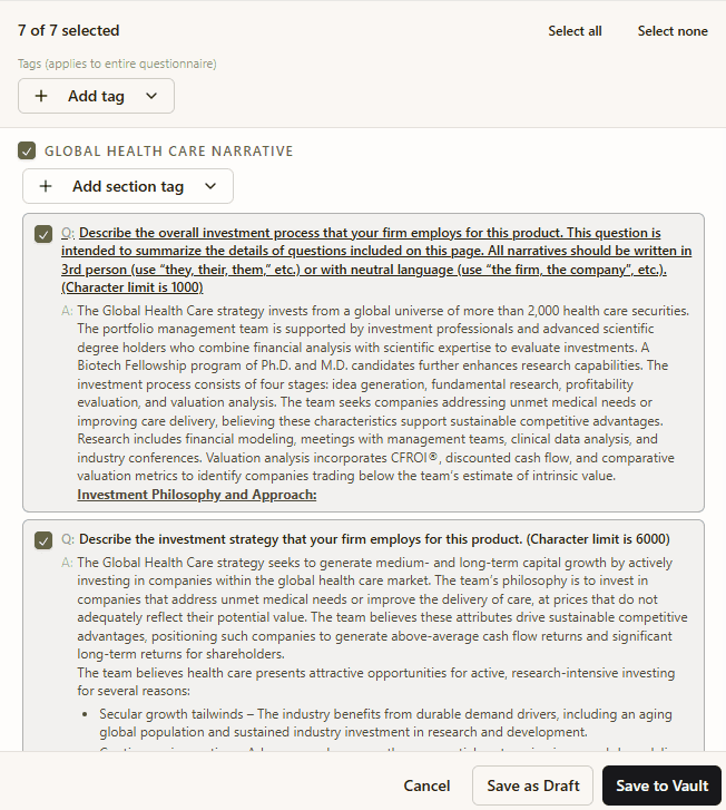 Review screen — select Q&A pairs, add tags, and Save as Draft or Save to Vault