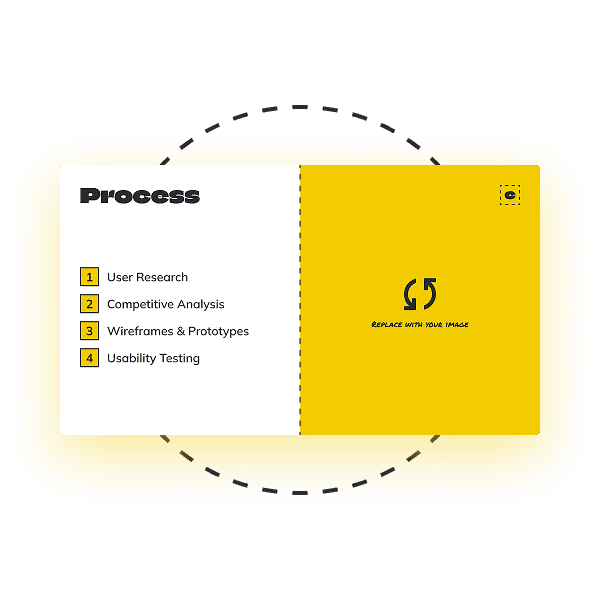 UX case study presentation template slide with process steps: user research, competitive analysis, wireframes, and usability testing