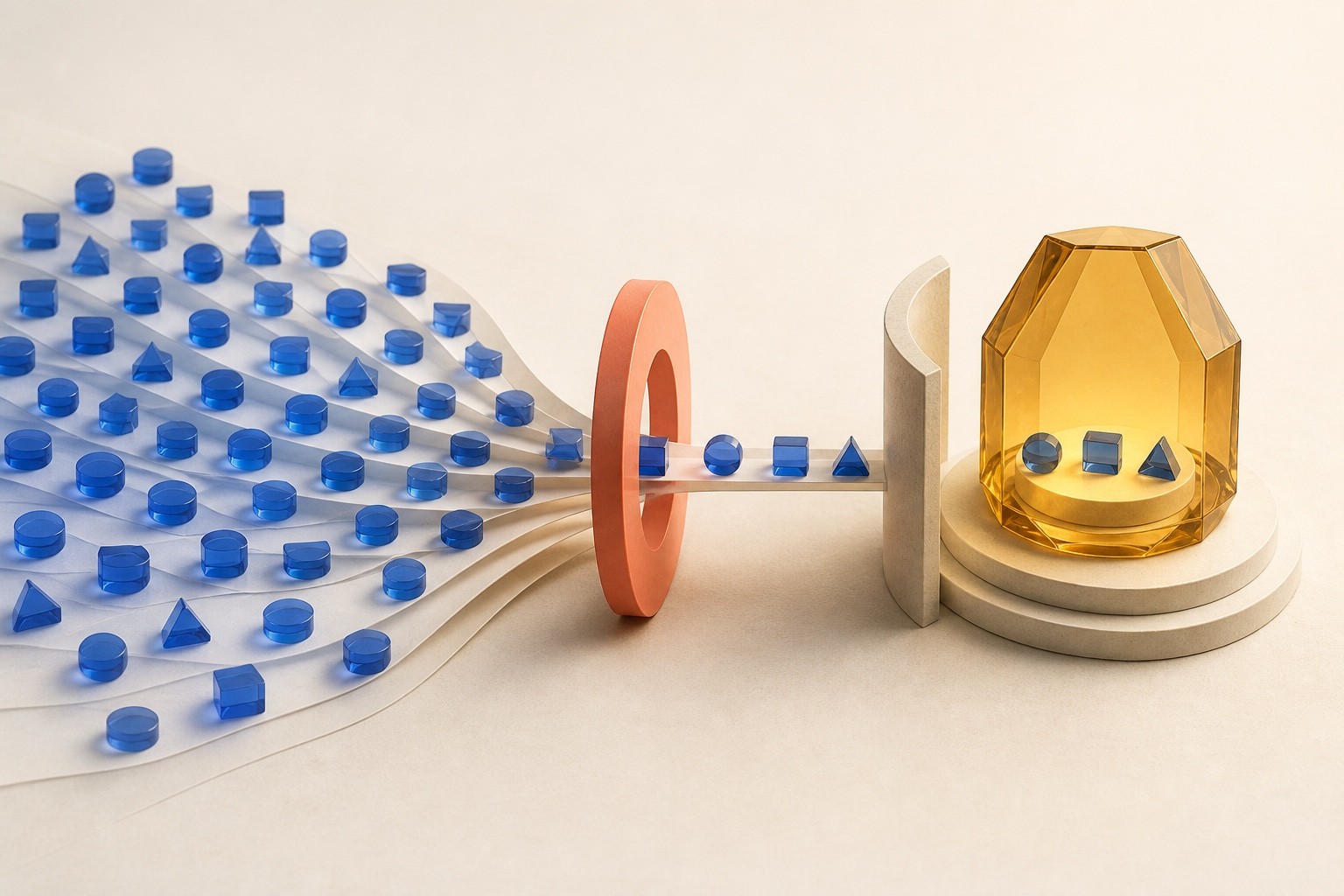 Many blue candidate forms narrow through a coral aperture into a small amber review chamber.
