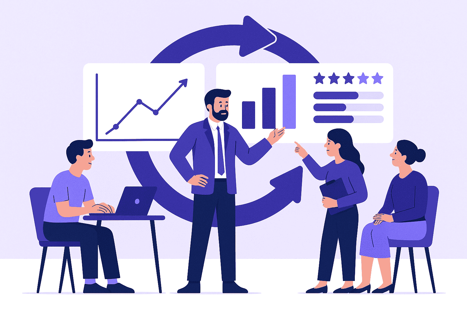 A flat-style digital illustration showing a leader and team discussing performance around a circular feedback loop with charts and graphs, symbolizing continuous improvement and collaboration.