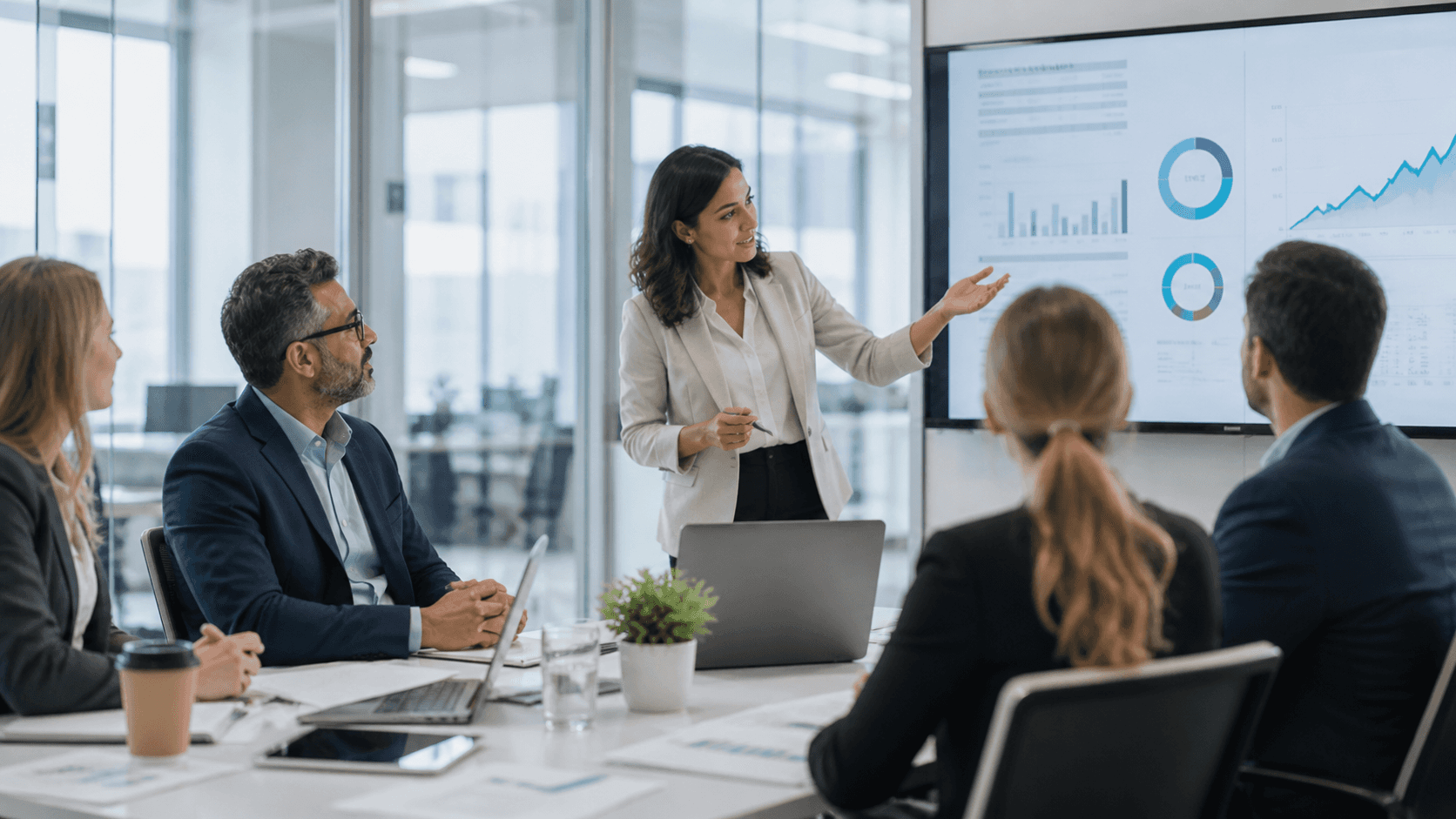 Professional team in a bright modern office discussing data and digital transformation on a presentation screen.