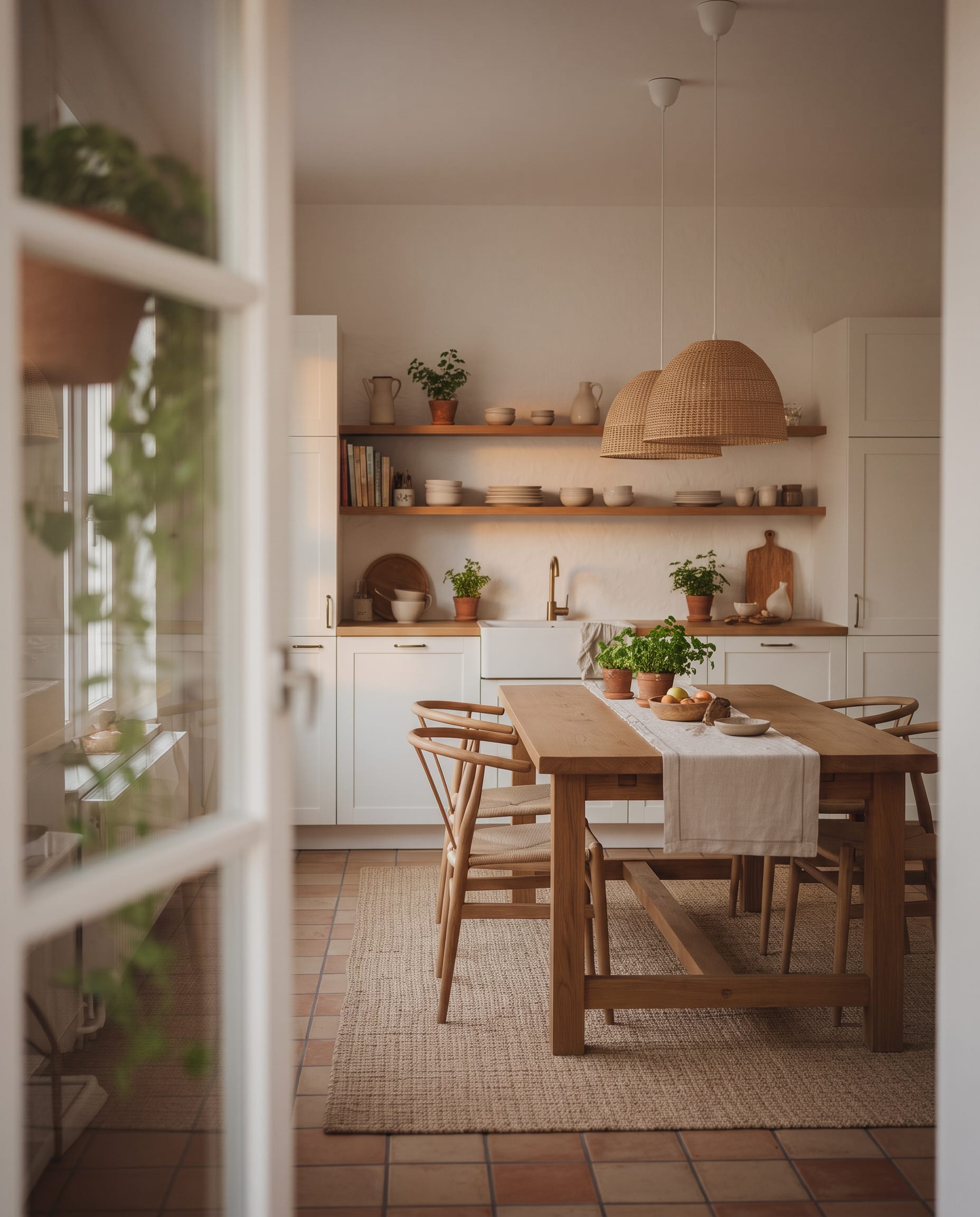 Langer Esstisch aus hellem Holz mit Tischläufer und Holzstühlen mit Flechtsitz in einer hellen Wohnküche mit offenen Regalbrettern und Rattan-Pendelleuchte