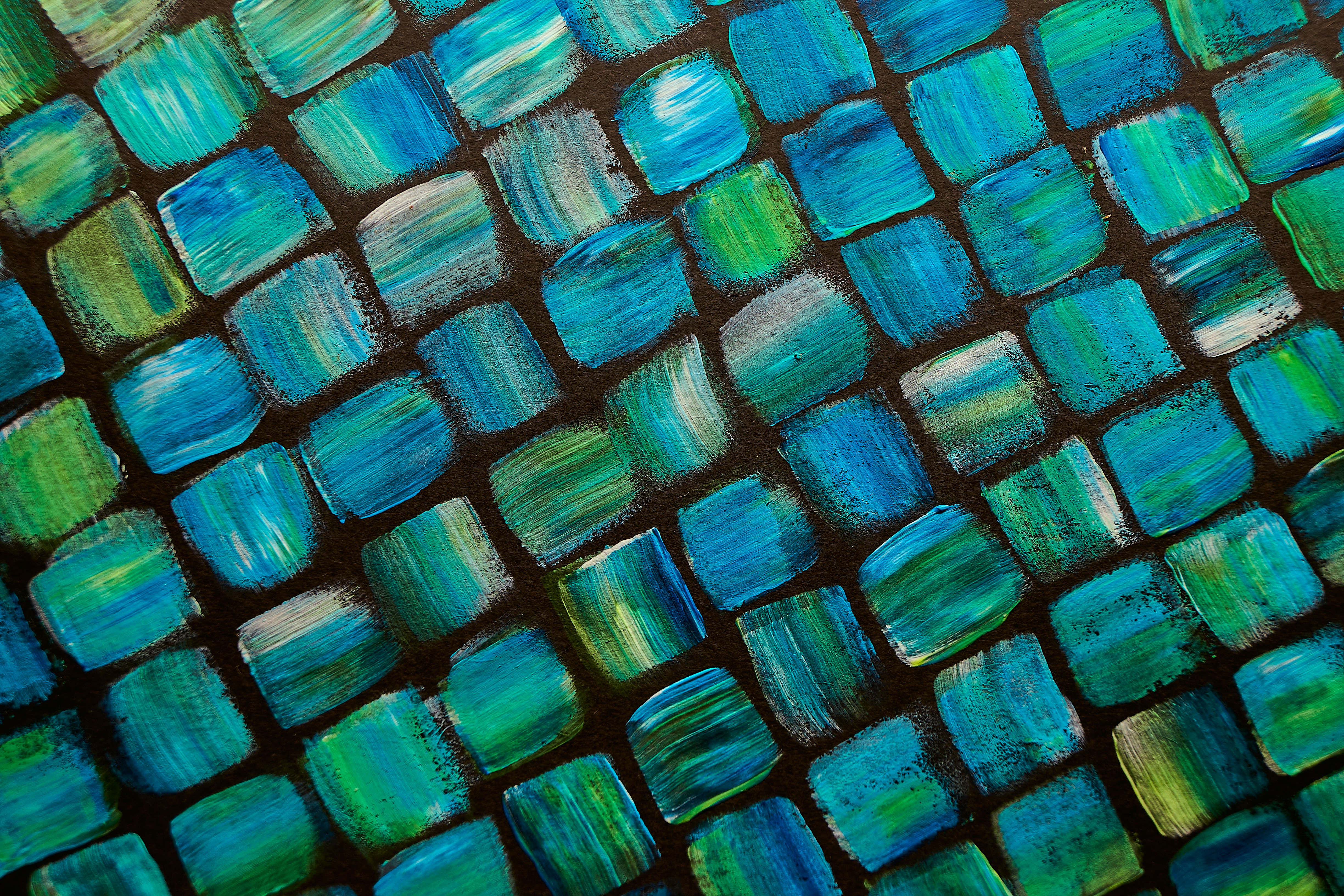 a painting of blue and green squares on a black background