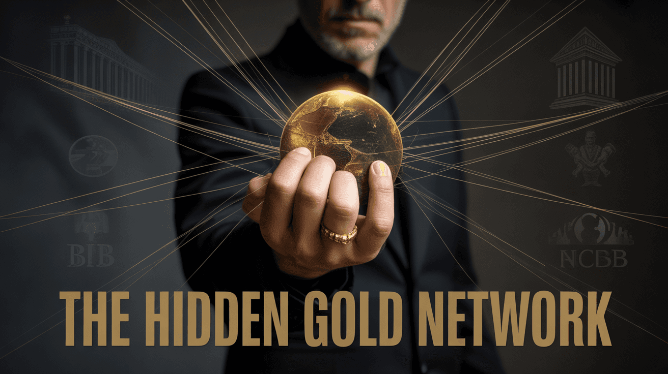 Hand with gold ring gripping glowing Earth coin with network lines and hidden gold network text