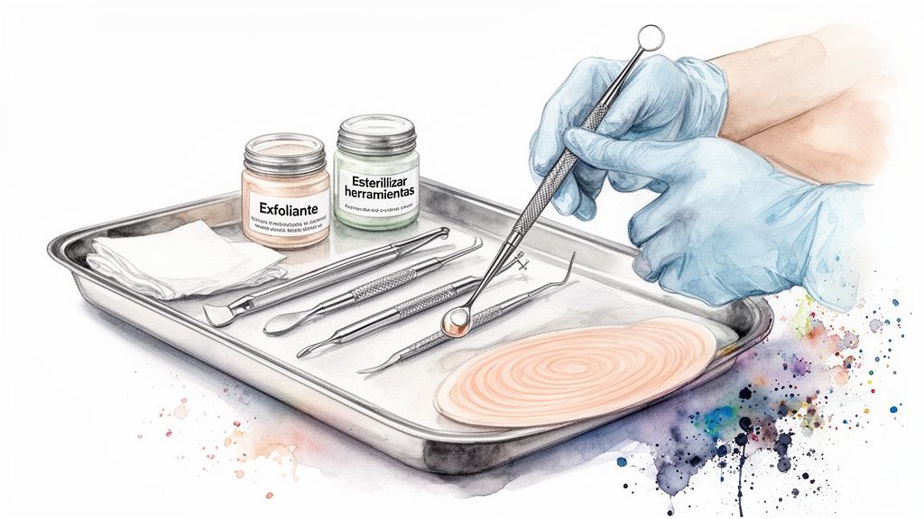 Bandeja con productos y herramientas para limpieza facial, incluyendo exfoliante y un guante sosteniendo un instrumento.