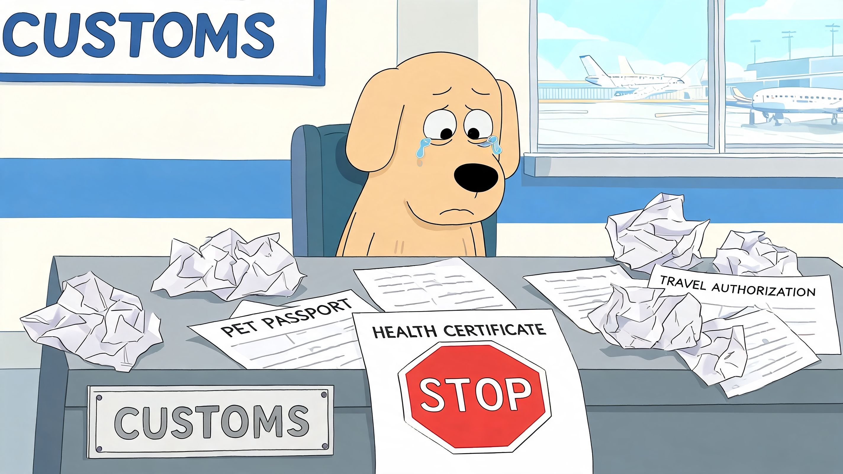 A sad golden retriever puppy sitting behind a customs desk surrounded by crumpled travel documents.