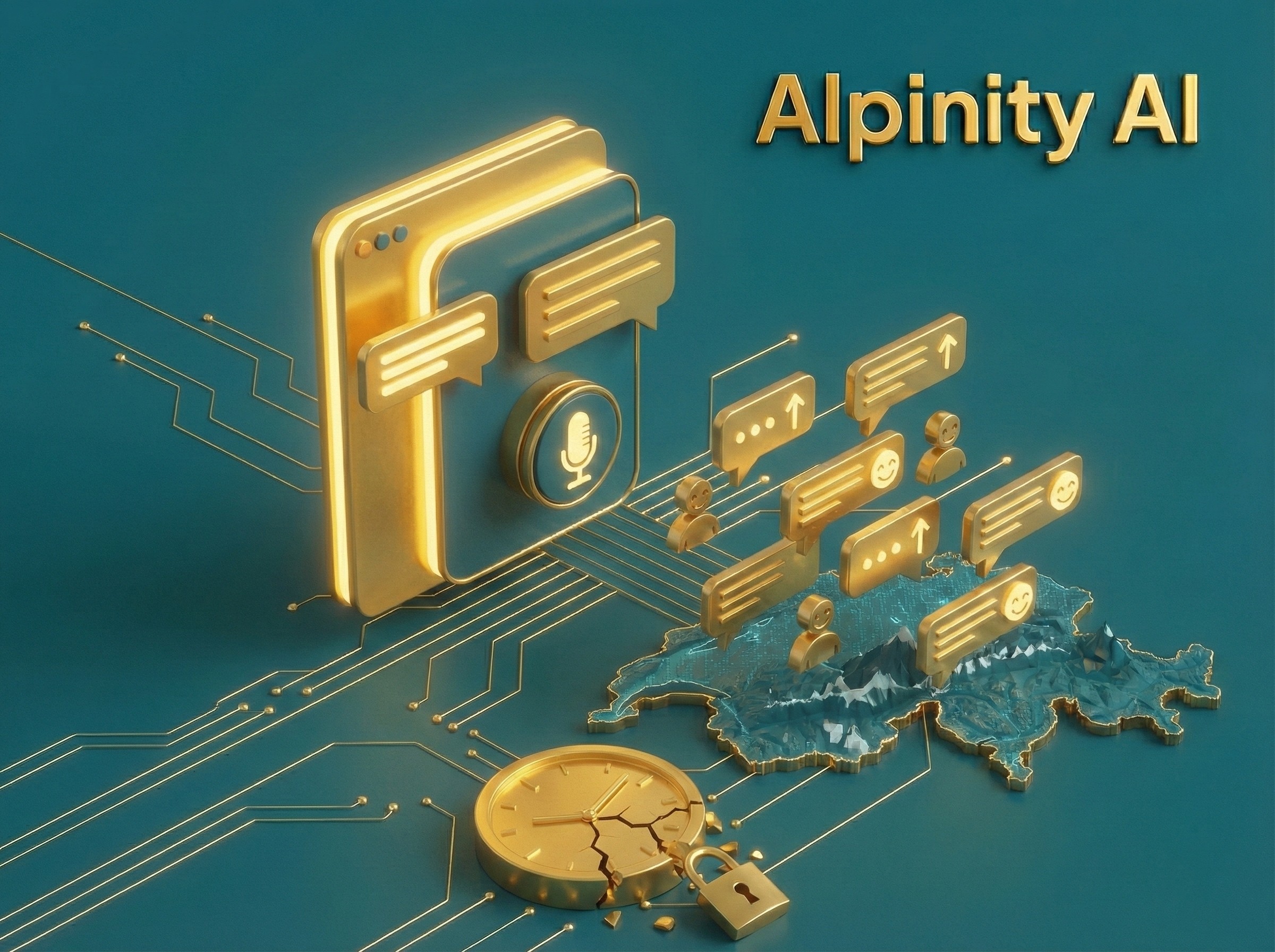 Goldenes Smartphone-Interface sendet Chatblasen über eine Schweizer Karte, während eine Uhr zerbricht, symbolisiert schnellen KI-Kundenservice.