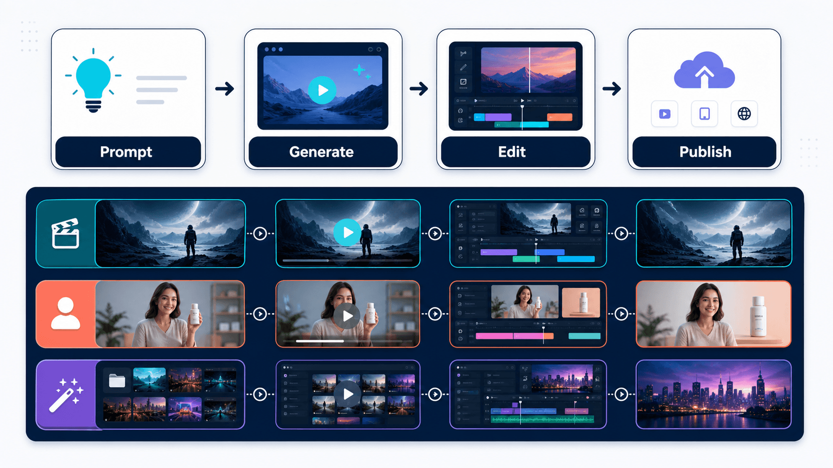 AI video generator workflow diagram showing the four steps from prompt to generate, edit, and publish