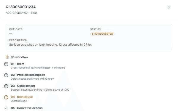 ESS Hub quality notification: Q-Note number, part, plant, due date, status 8D requested, defect description and the first 8D steps