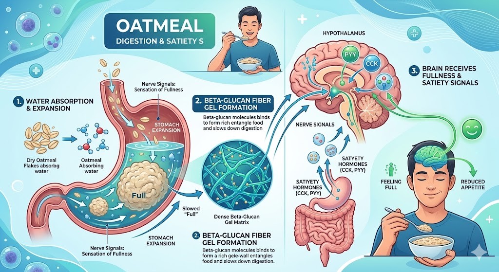 An educational medical infographic illustrating how oatmeal (beta-glucan fiber) absorbs water in the stomach to create a feeling of fullness, triggering nerve and satiety hormone signals (CCK, PYY) to the hypothalamus in the brain to reduce appetite.
