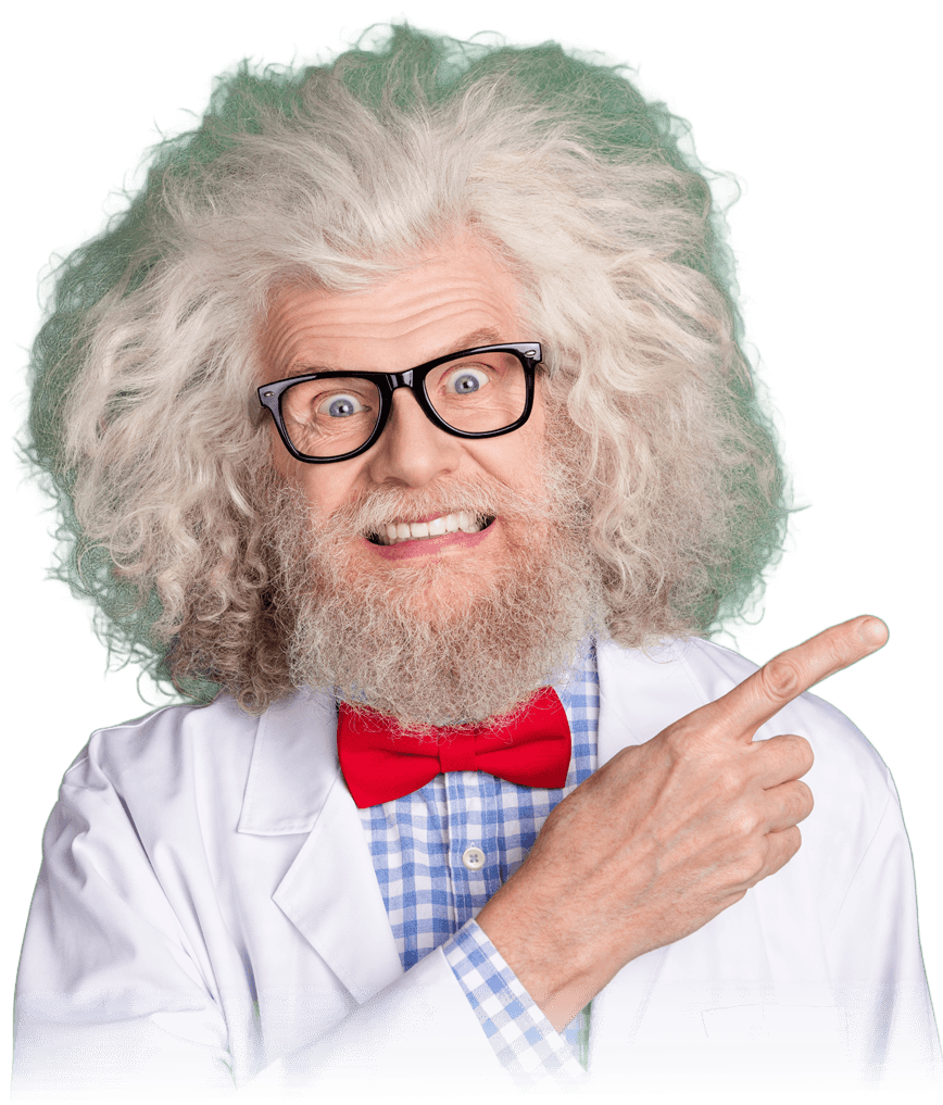 brilliant scientist, Einstein lookalike figure, smiling and pointing to product benefits