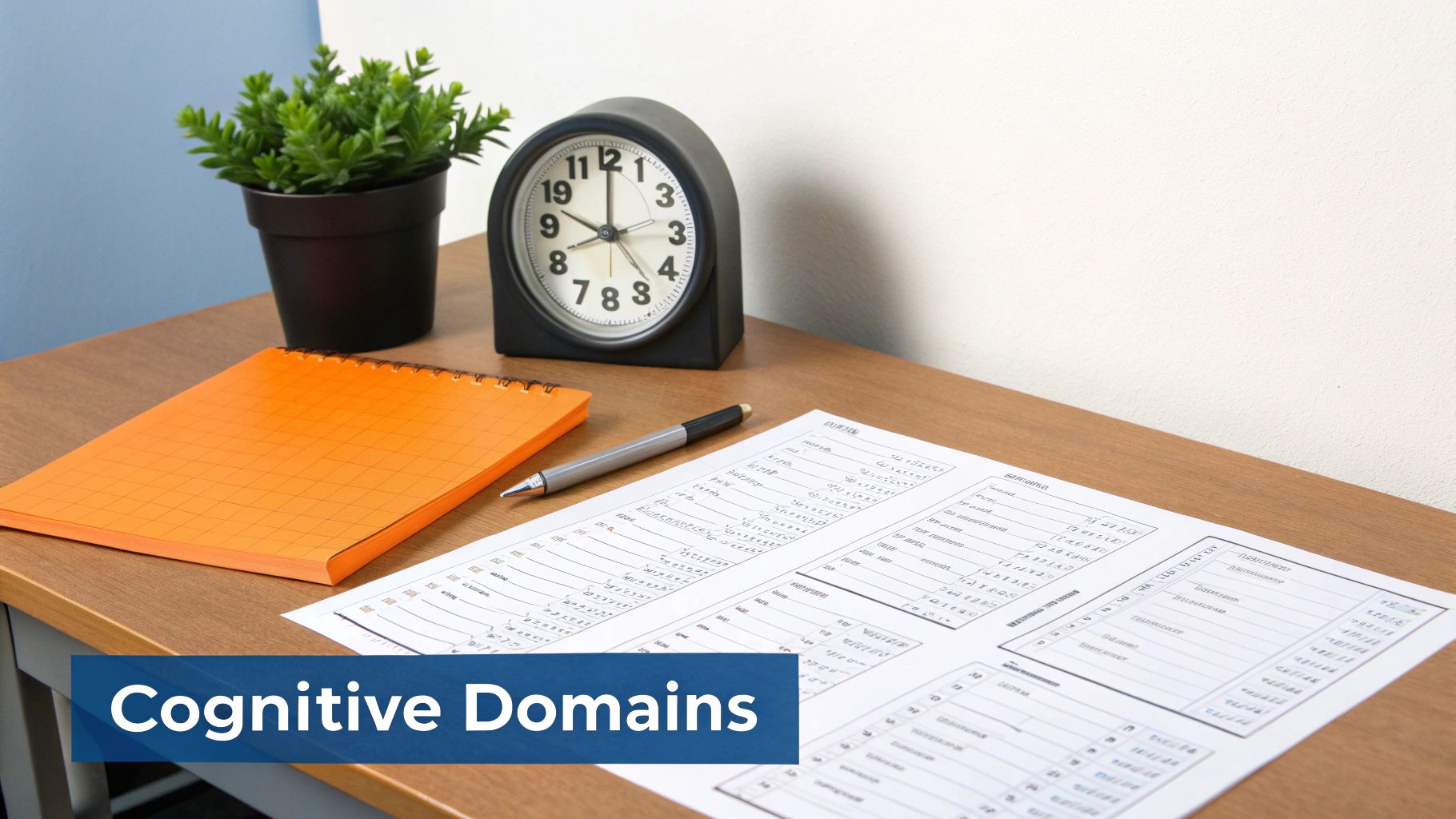 A cognitive test setup on a wooden desk with a clock, plant, notebook, and pen.
