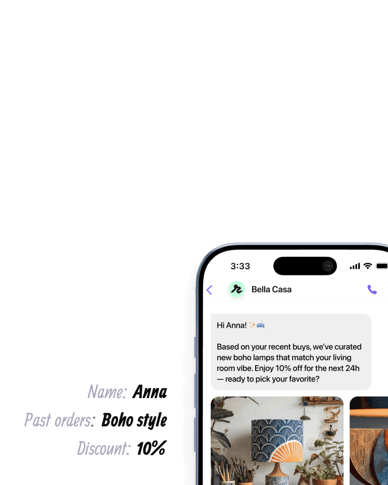 Visual depicting a personalized Viber message along with the personalization options, which are name, past orders, and discount rate.