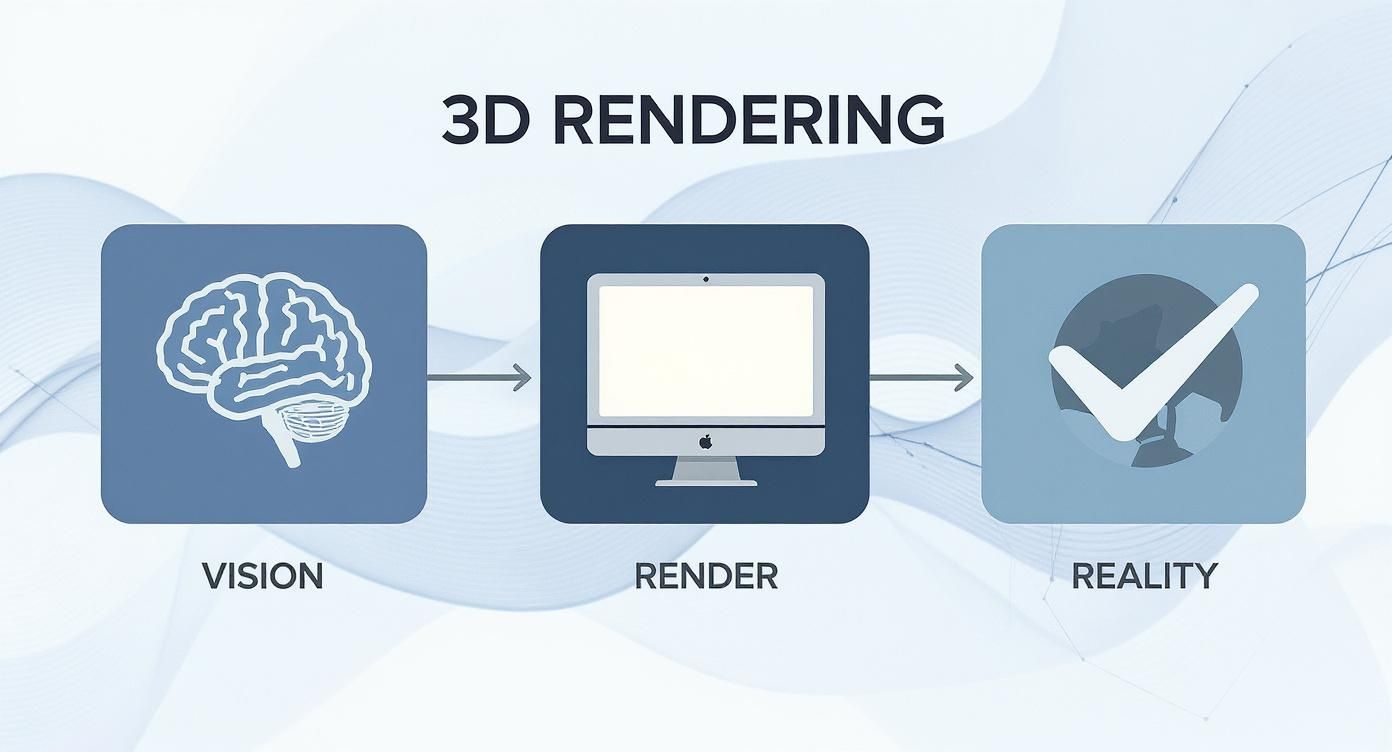 A conceptual diagram illustrating the three-step 3D rendering process: vision, render, and reality.