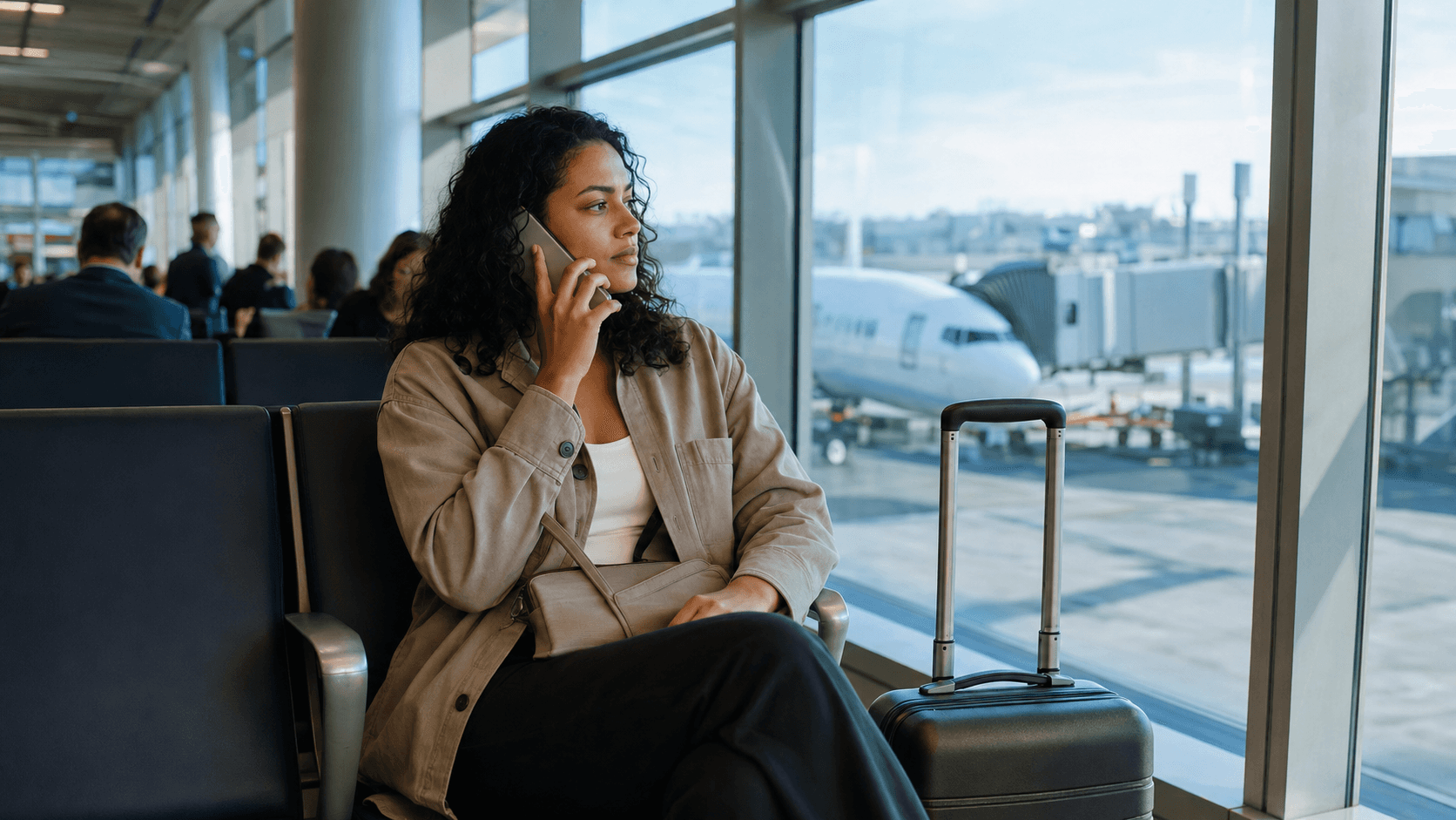 A traveler talks on her cellphone at an airport departure gate, with carry-on luggage and an aircraft nearby.