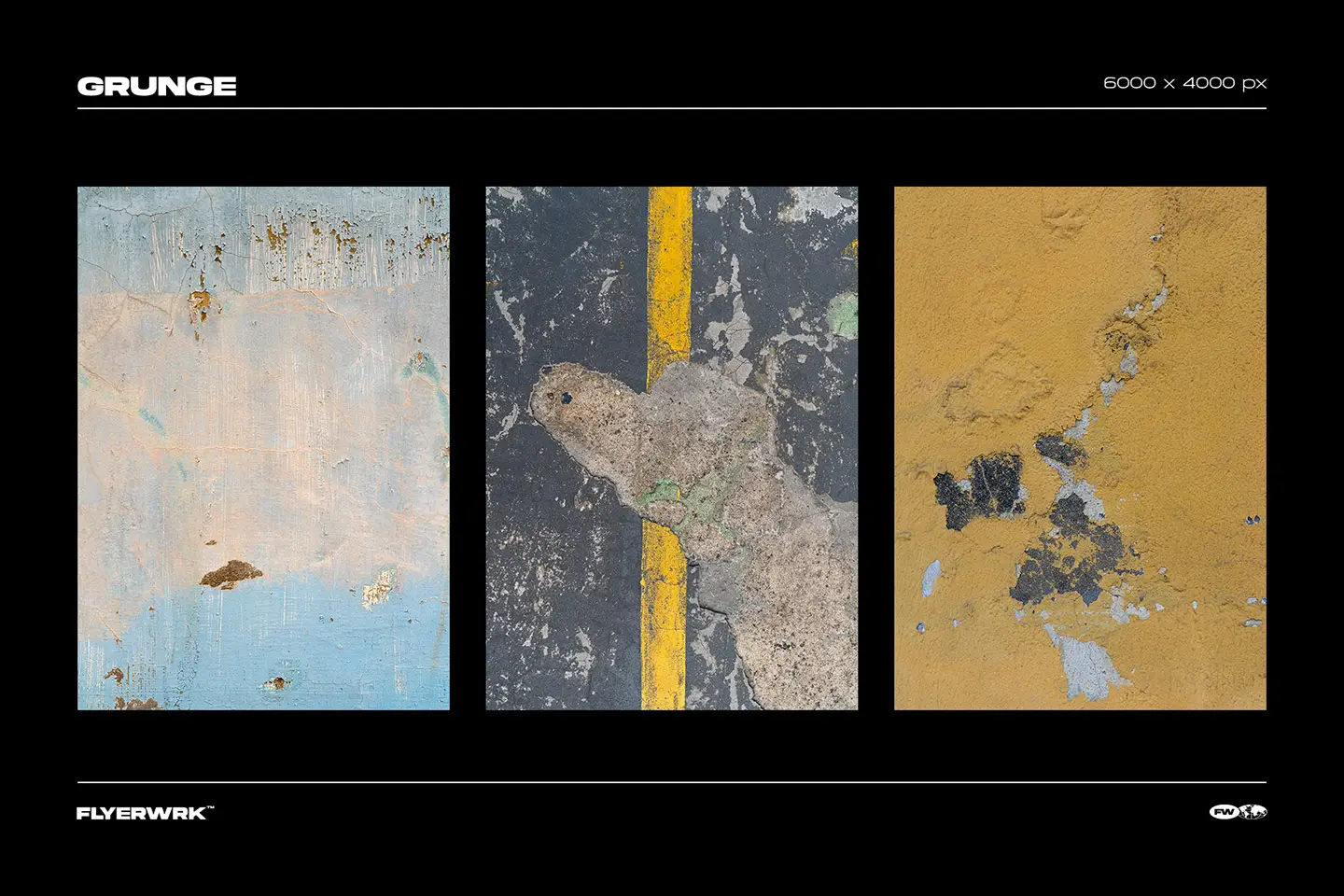 Grunge textures showing blue and yellow peeled paint surfaces with realistic urban industrial decay details