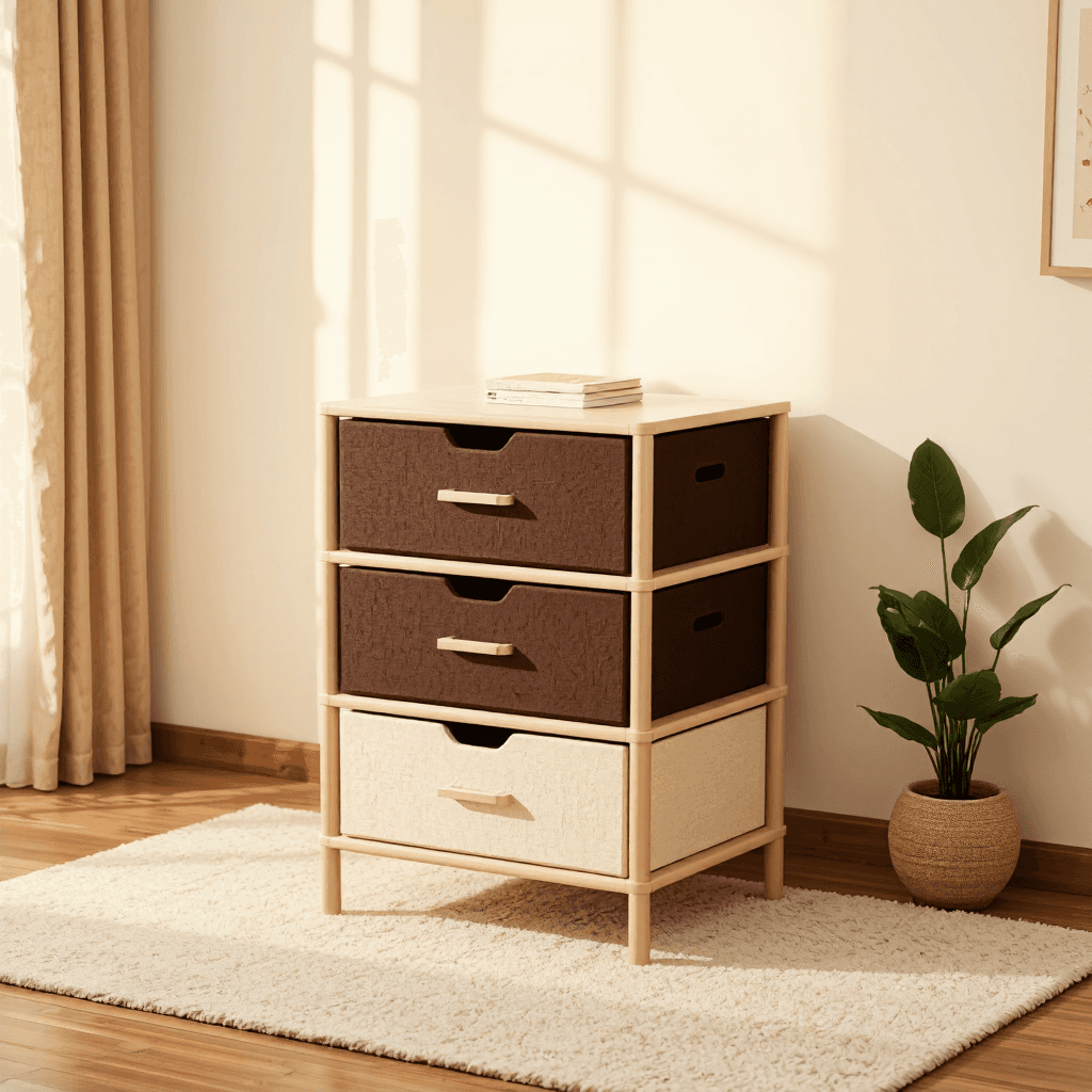 product photography of stackable storage cabinet with drawers