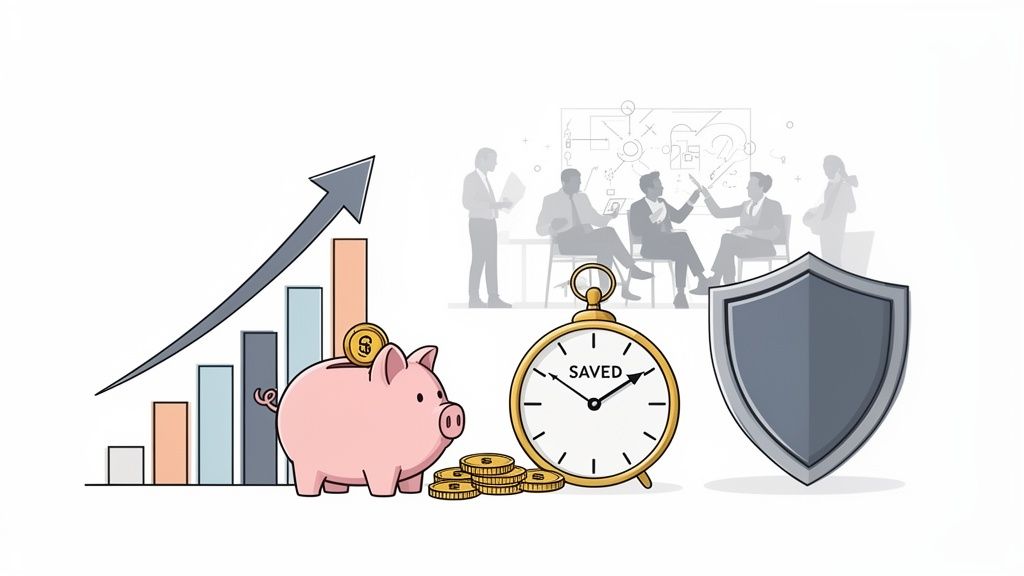 Image depicting financial growth, savings, time management, and security, with business professionals.