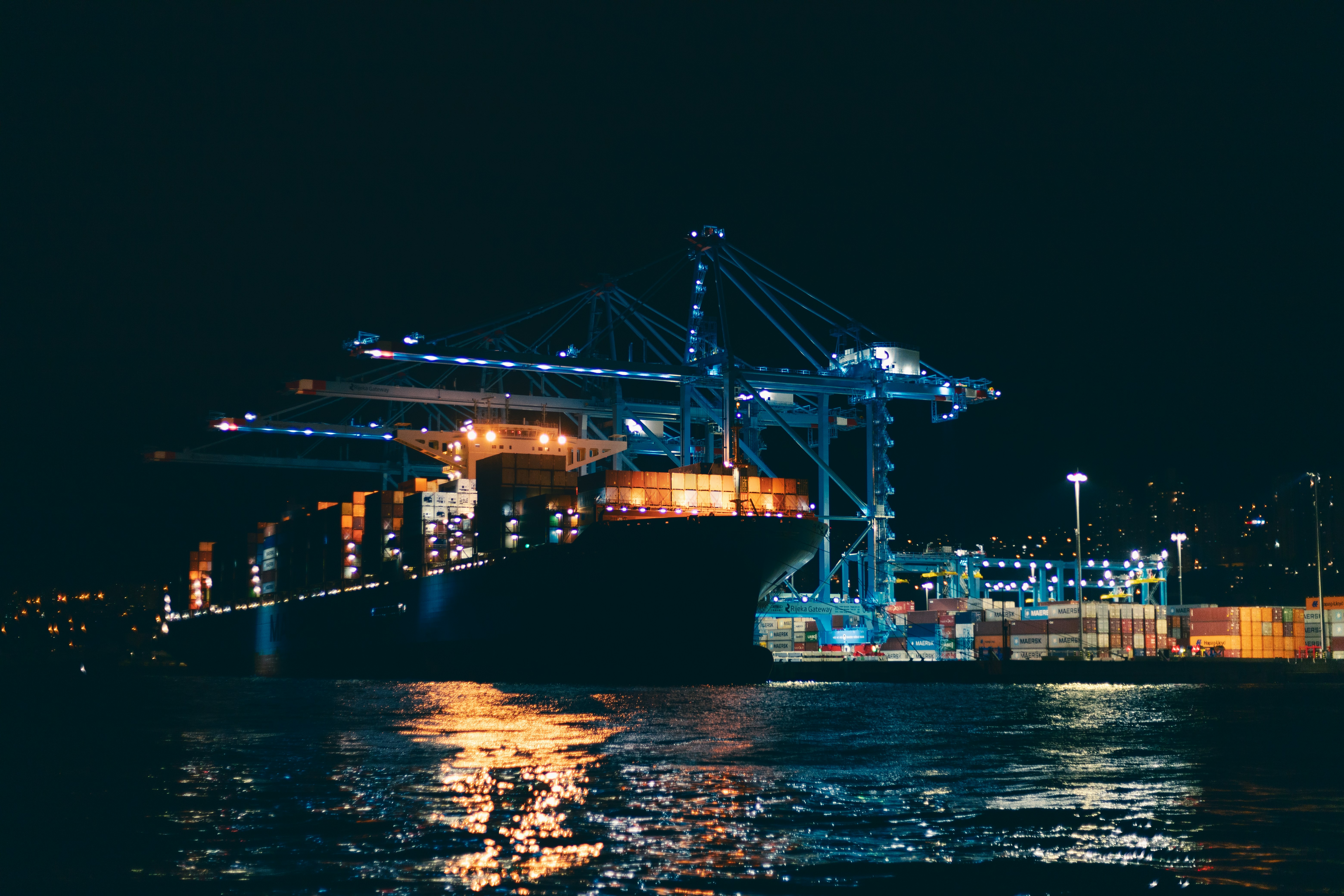 container ship port night