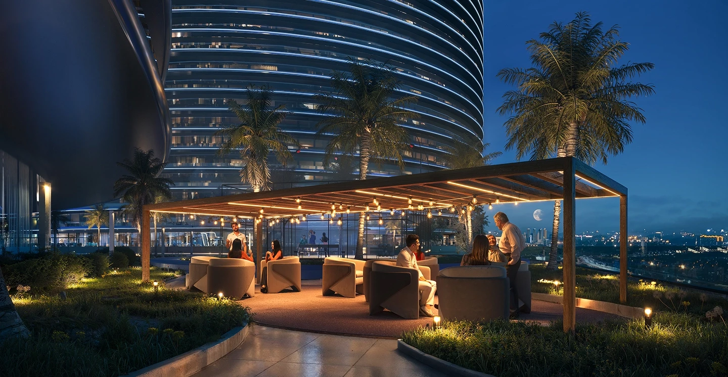 Exclusive outdoor lounge at Binghatti Skyflame. Book a viewing with an expert real estate agent today.