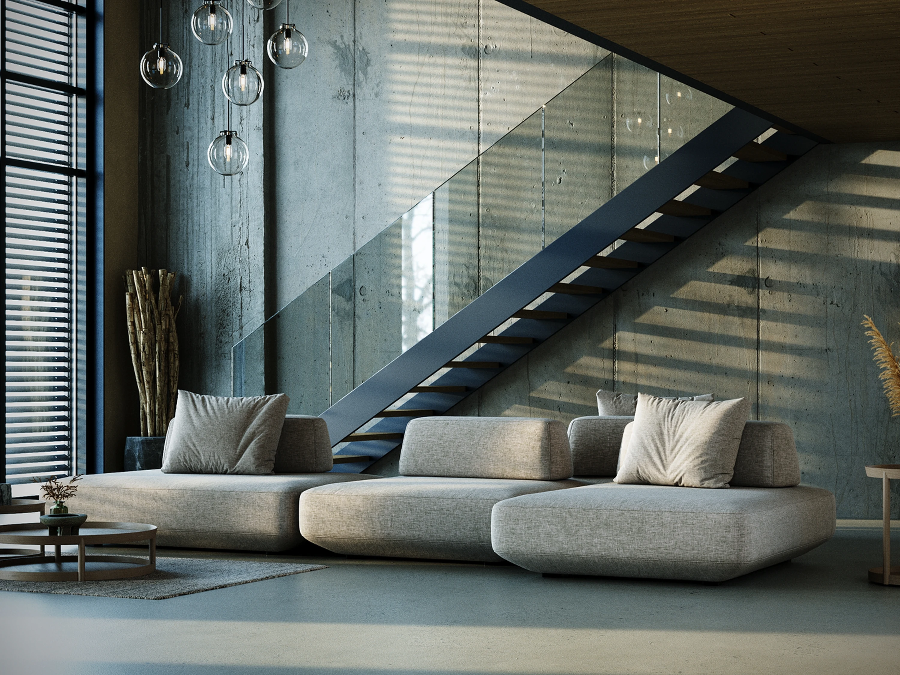 Salon — vue sur la pièce avec continuité de matériaux.