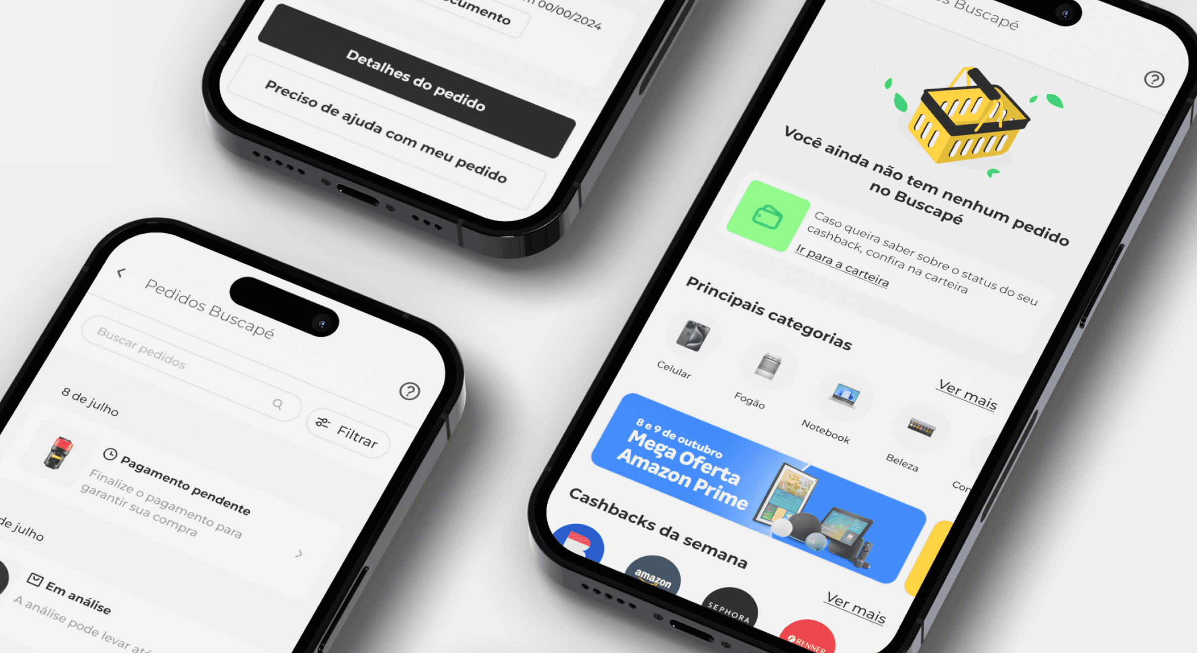 Tela do aplicativo Buscapé mostrando a seção de pedidos, ainda vazia. Como o usuário ainda não realizou nenhuma compra, a página recomenda as principais categorias de produtos, como celulares, notebooks e beleza.