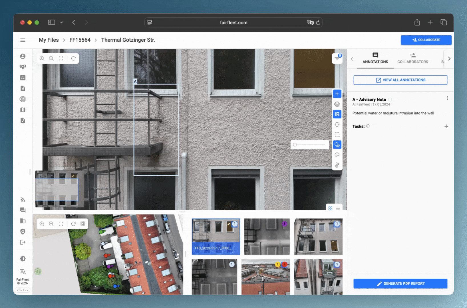 Screenshot of Platform showing thermal facade inspection