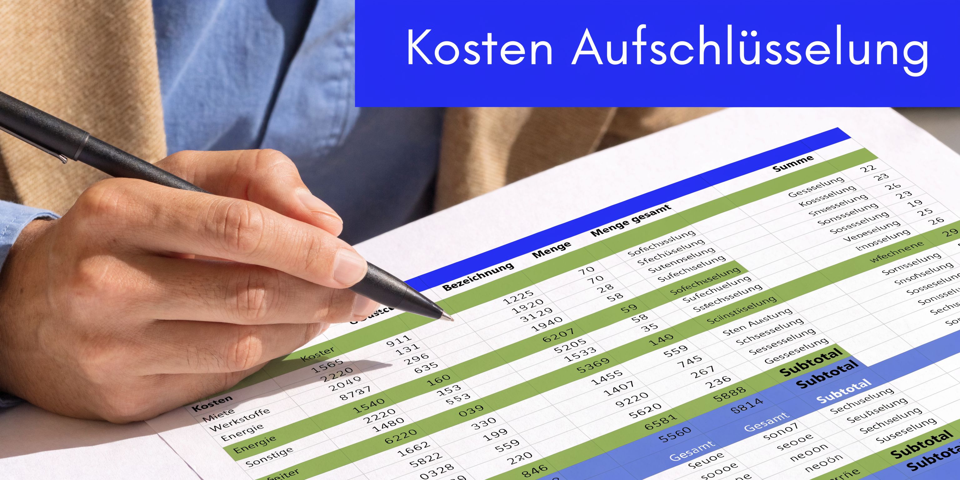 Eine Hand hält einen Stift über eine detaillierte Tabelle mit einer Auflistung verschiedener Kostenfaktoren und Beträge.