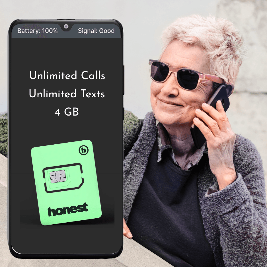 Phone displaying Chatsie app menu with options like calling, reading texts, and other functions on a white background.