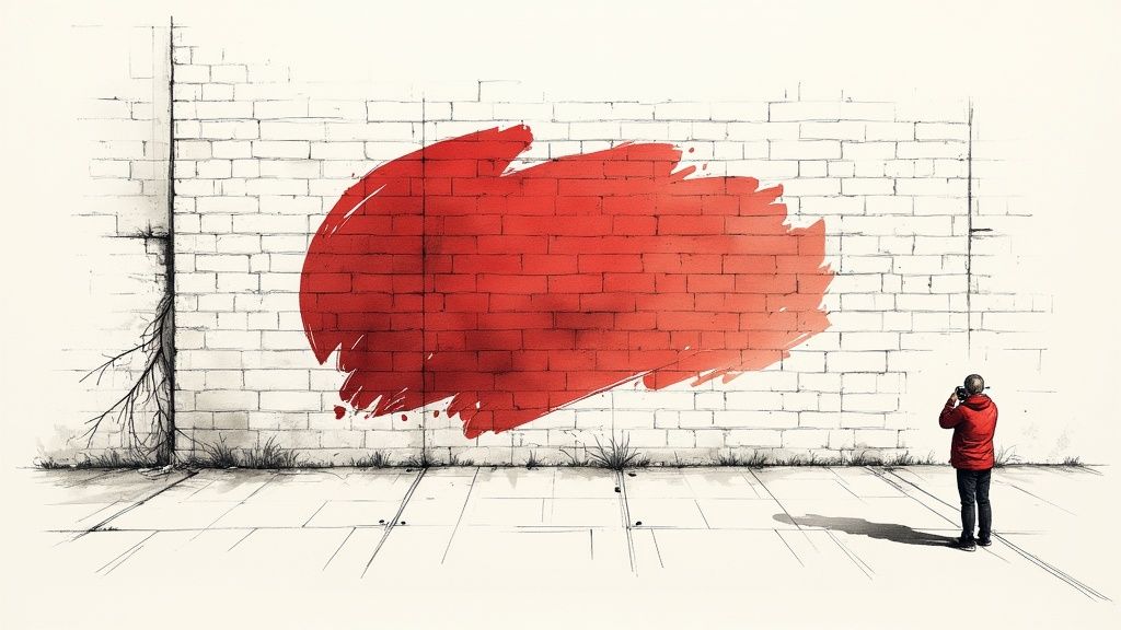 Person in red jacket viewing large red brushstroke painted on white brick wall