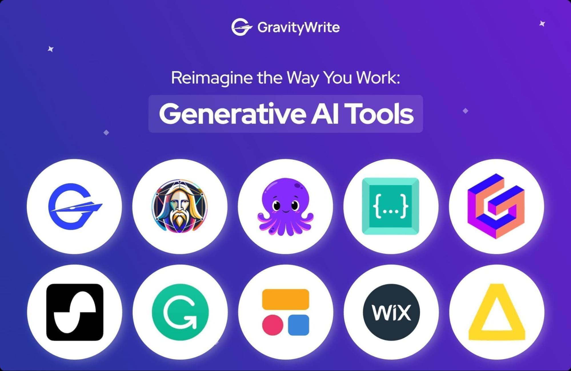 Image showing GravityWrite's promotional banner for Generative AI tools, featuring logos of various tools like Grammarly, Pictory, Codeium, and others.