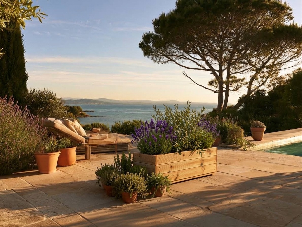 Jardinière en bois plantée d'olivier et de lavande, sur une terrasse en pierre surplombant la mer au coucher du soleil