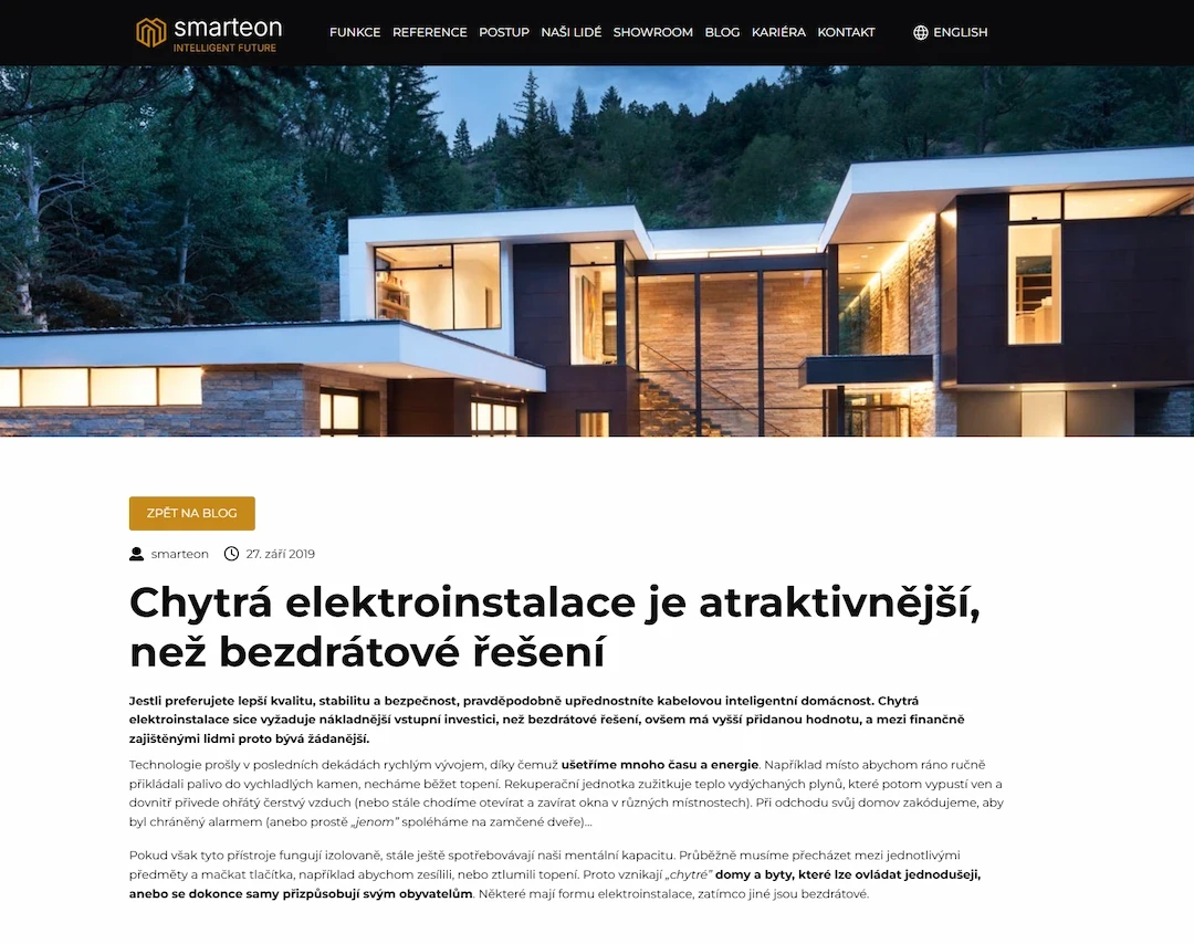 Návrh moderního layoutu pro firemní blog a obsahový marketing B2B klienta z oboru inteligentních elektroinstalací.