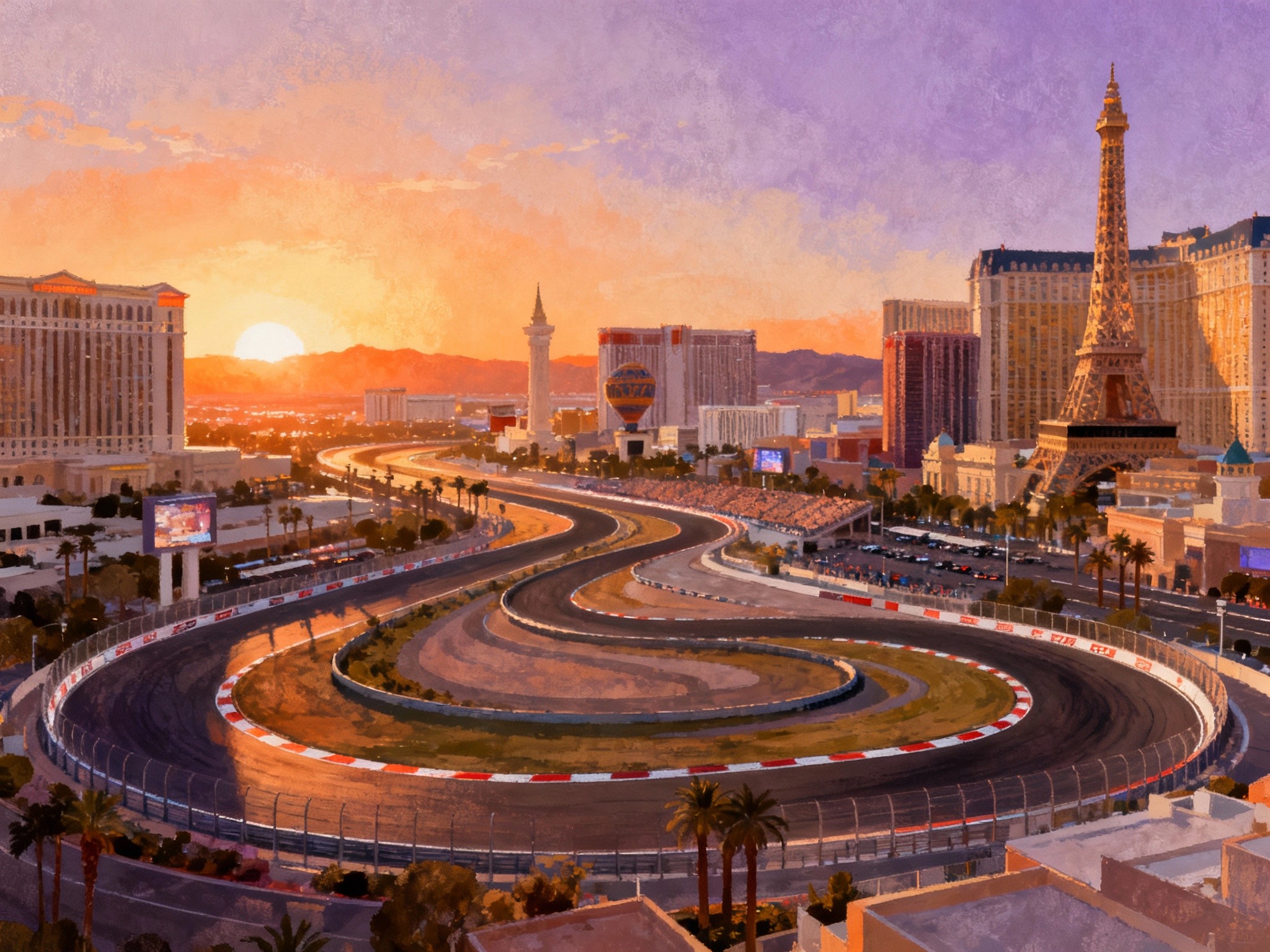 An expansive wide-angle fine-art illustration depicting the Las Vegas Grand Prix circuit at sunrise