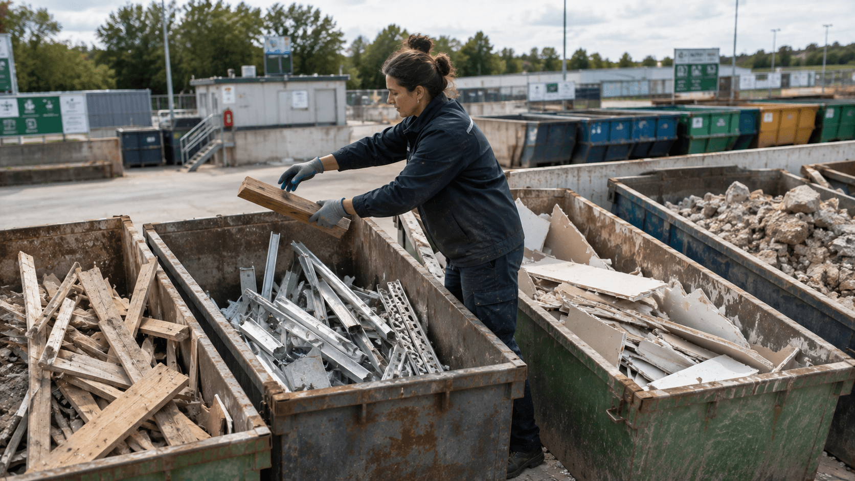 Tri des déchets de chantier dans une déchetterie professionnelle