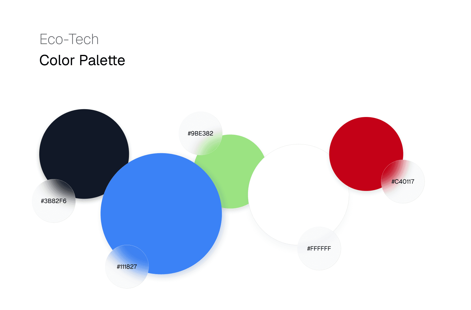 Eco-tech color palette with blue, green, red, dark, and white tones.