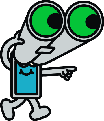 Illustrated phone character with giant binocular eyes pointing forward.