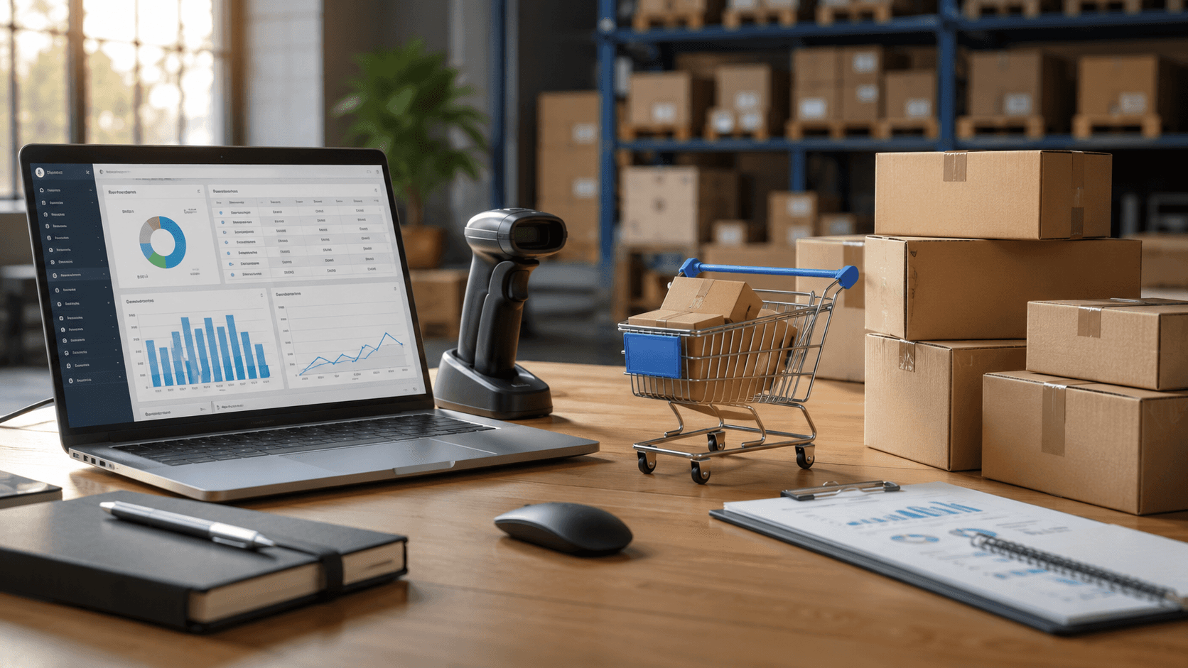 Mesa de trabalho em ambiente de distribuidora com notebook exibindo painel de gestão integrado ao ERP, leitor de código de barras, carrinho de compras em miniatura com caixas e documentos de planejamento. Ao fundo, estoque organizado em prateleiras industriais. Cena única em estilo 3D realista, iluminada por luz natural, representando preparação operacional, implantação de um e-commerce B2B piloto e integração entre processos comerciais e logísticos. Sem pessoas e sem texto visível.