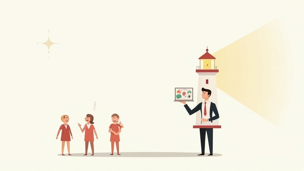 A business leader in a lighthouse guides three children, showing them a map on a laptop.