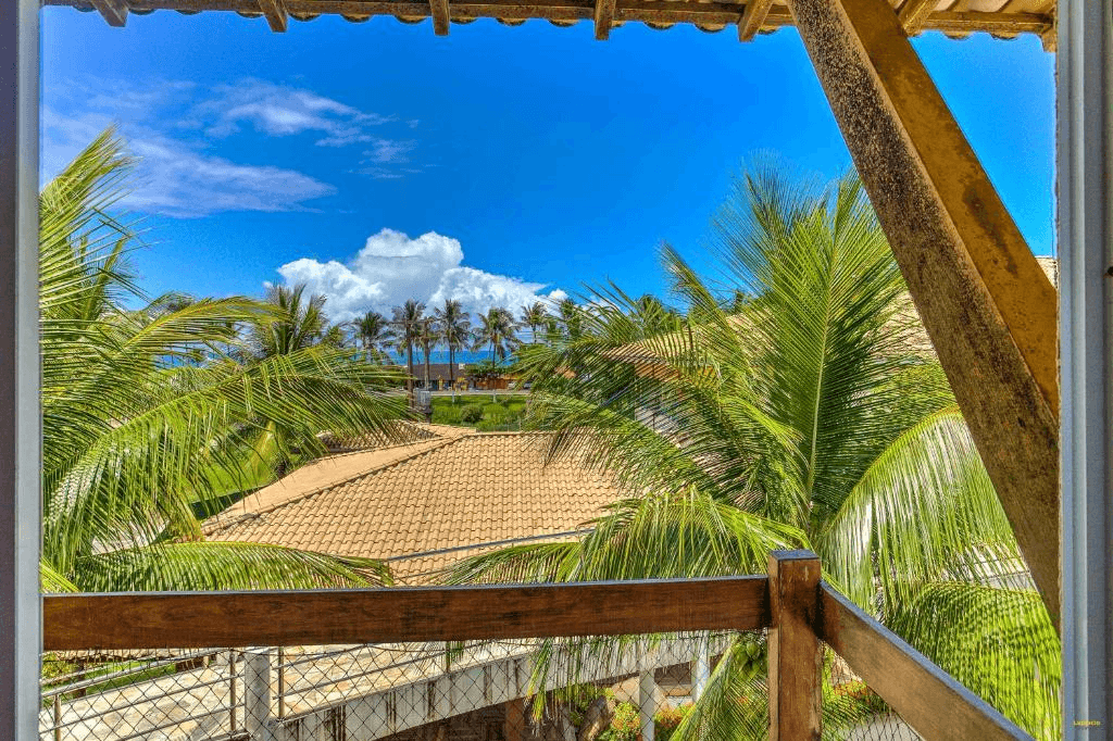 Vista da varanda para os coqueiros do Hotel Aldeia da Praia