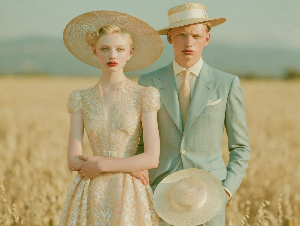 Blonde couple in a golden wheat field, bride in a cream gown and groom in a mint suit holding a straw hat, vintage wedding photography