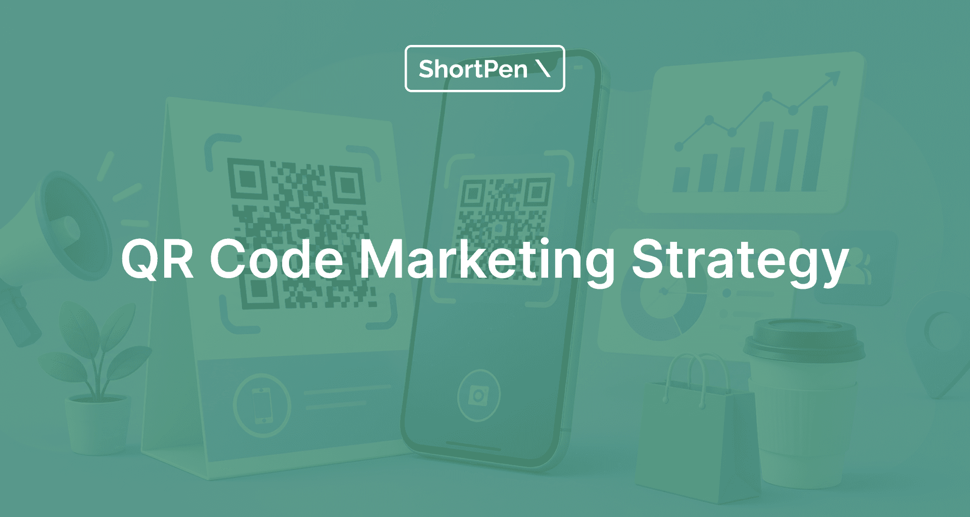Digital collage featuring QR codes on various devices, with charts and marketing symbols. Text: 'QR Code Marketing Strategy.' Teal tone