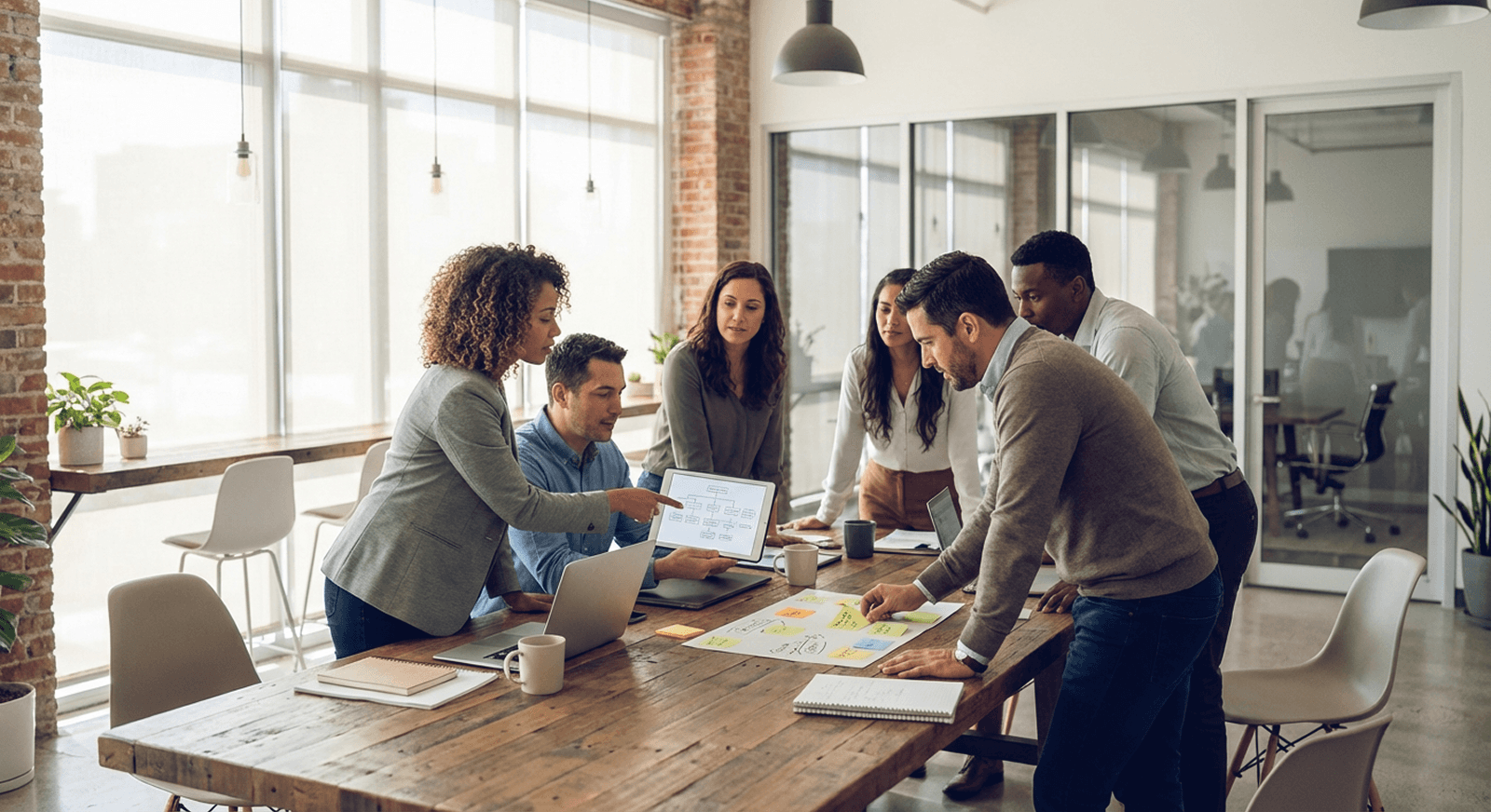A diverse team of six colleagues collaborates around a table reviewing an organizational chart and project plan in a modern office.