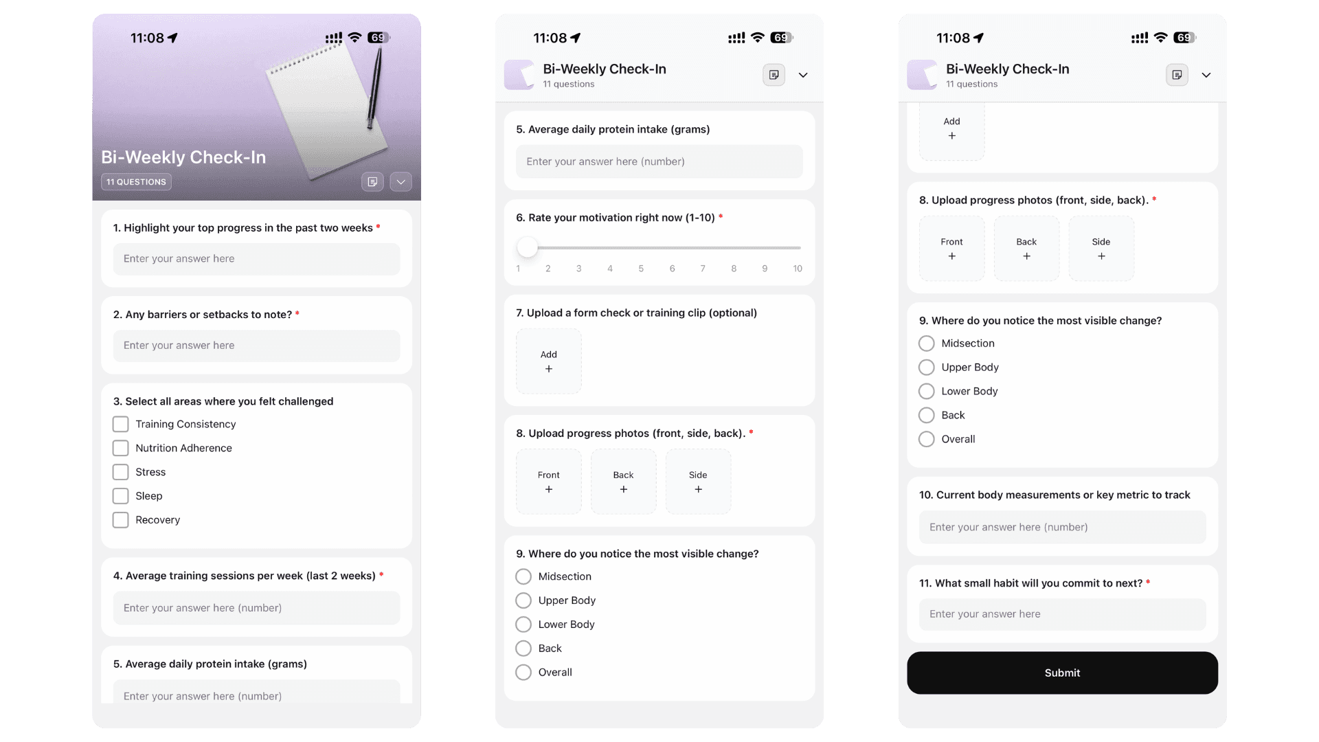 bi-weekly check-in - hubfit client app