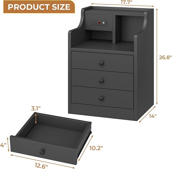 3 drawer nightstand with charging station – A stylish and functional furniture piece, perfect for any modern home.