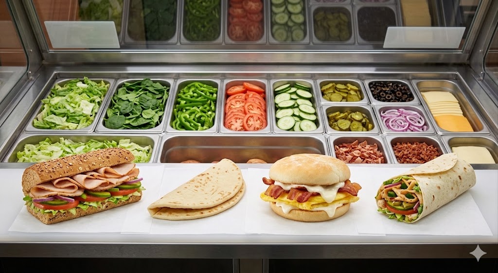 A detailed view of a Subway restaurant food preparation station, showing open metal containers filled with fresh lettuce, tomatoes, cucumbers, pickles, peppers, and red onions. Four different items are laid out on a white surface in the foreground, including a turkey sub on wheat bread, a plain flatbread, a cheeseburger, and a finished tortilla wrap.