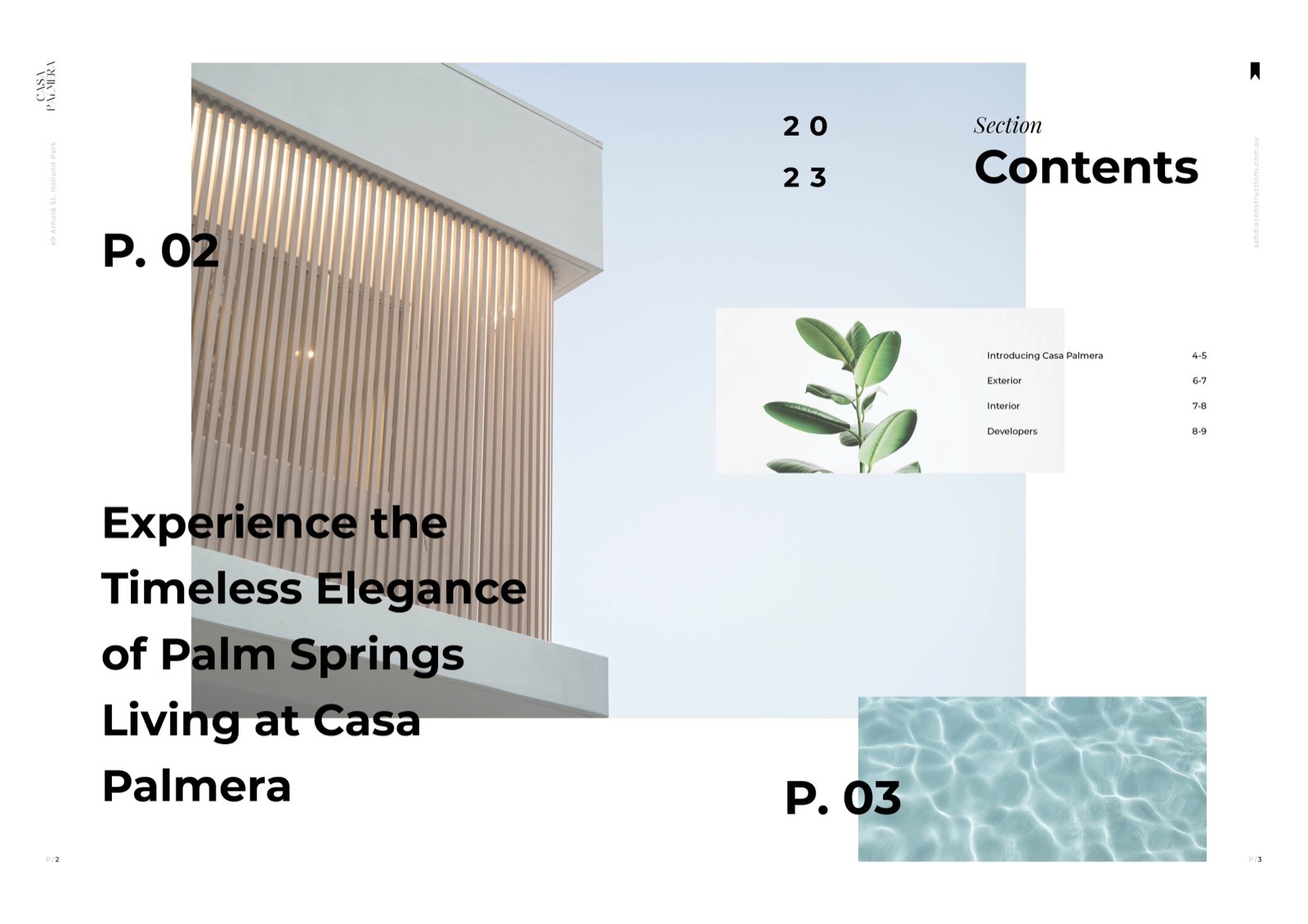 Early Casa Palmera property magazine layout draft, an interior spread iteration