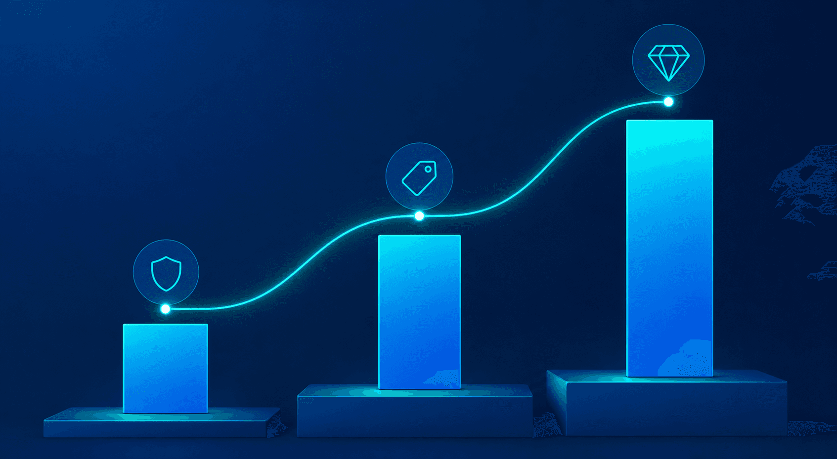 Abstract data visualization showing three ascending bar charts or stepped tiers representing different pricing volumes and cost savings, with glowing gradient lines connecting the tiers. Clean minimal flat design in blue and teal tones. Bar heights clearly differentiate three distinct levels of scale. No text, no numbers, no labels anywhere in the image.