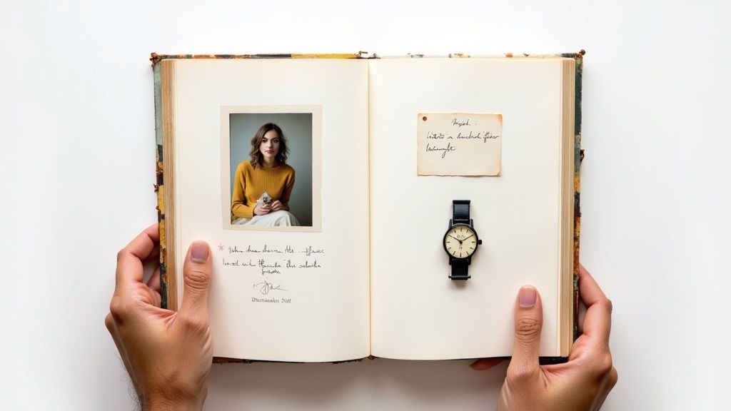 Hands holding an open vintage book displaying a framed photo, handwritten notes, and a watch.
