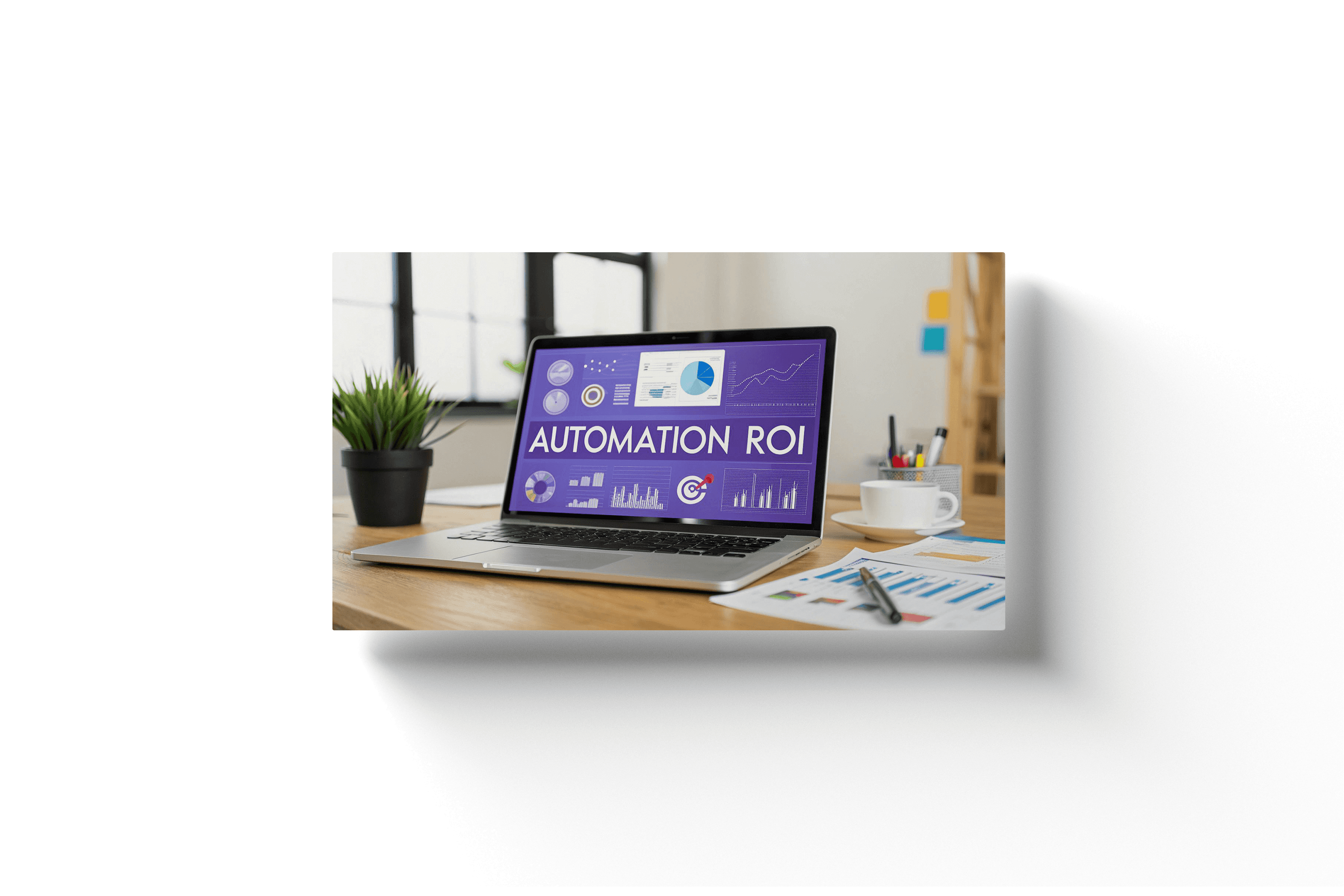 a laptop on a desk with a purple screen and text 'automation ROI'